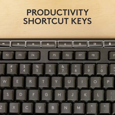 Un clavier d'ordinateur avec des touches de fonction spéciales. Au-dessus est inscrit le texte « Touches spéciales pour la productivité ».