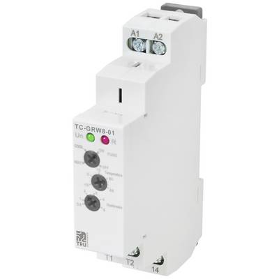 Un thermostat électronique blanc avec boutons rotatifs et bornes, conçu pour un montage sur rail DIN.