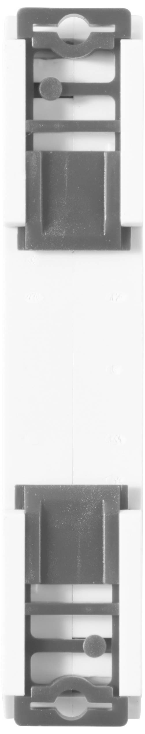 Un élément blanc avec des supports gris en haut et en bas, probablement une pièce industrielle ou un connecteur électrique.