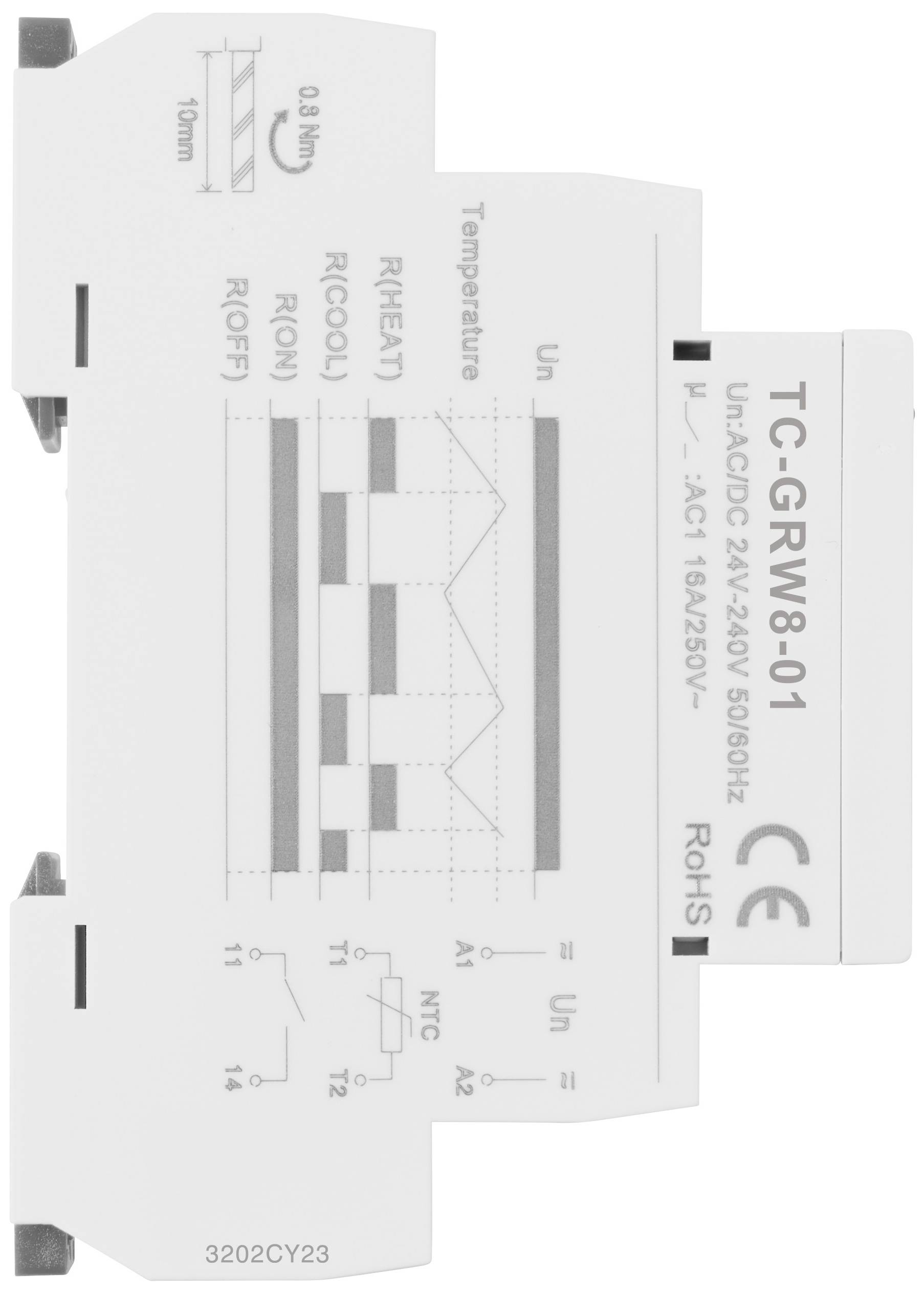 Module à volets pour rail DIN avec schémas de câblage et spécifications techniques sur la face avant, adapté au montage mural.