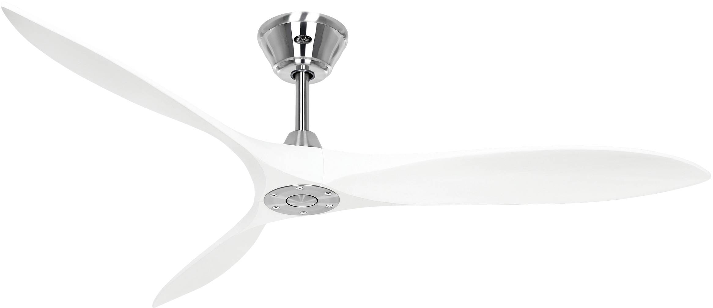 Un ventilateur de plafond moderne, blanc, à trois pales et au moteur argenté. Idéal pour rafraîchir les espaces intérieurs.