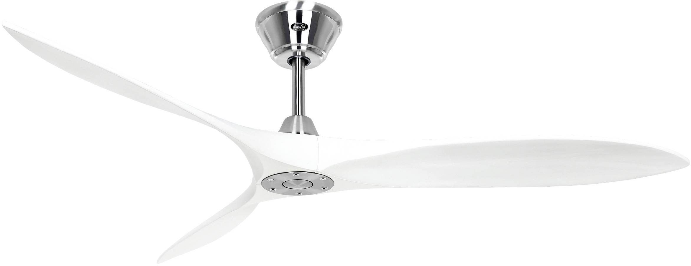 Un ventilateur de plafond moderne avec trois pales blanches et incurvées sur une suspension métallique, au design élégant.