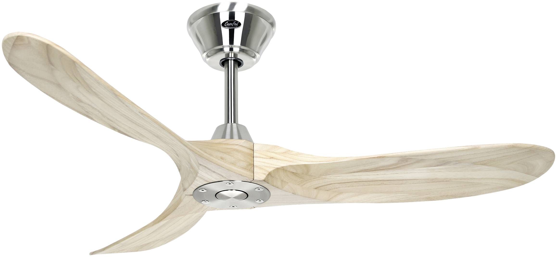 Ventilateur de plafond avec trois pales en bois incurvées et support de plafond argenté, style moderne et minimaliste.