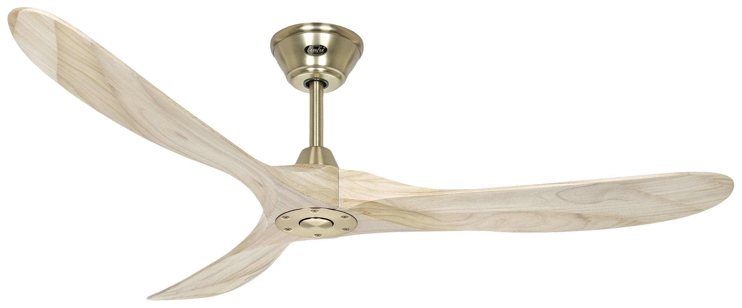 Un ventilateur de plafond à trois pales en bois et avec un support métallique doré.