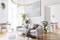 Salon lumineux avec un canapé gris, des plantes, un parquet clair et une grande fenêtre. Design scandinave avec une décoration minimaliste.