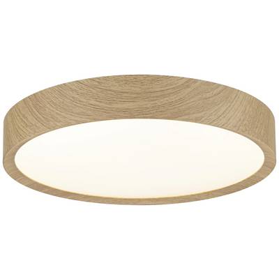 Plafonnier rond en bois avec lumière blanc chaud. Idéal pour les espaces de vie modernes et créant une atmosphère chaleureuse et accueillante.
