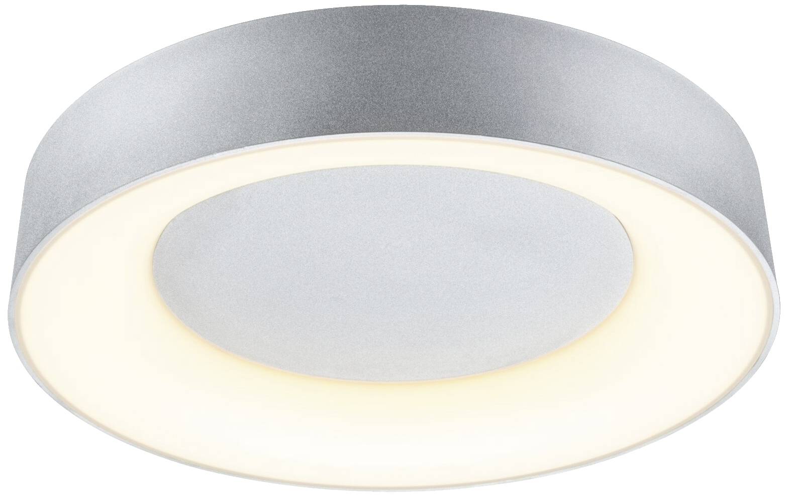 Plafonnier rond avec cadre argenté et surface LED blanche lumineuse, adapté aux espaces intérieurs modernes.