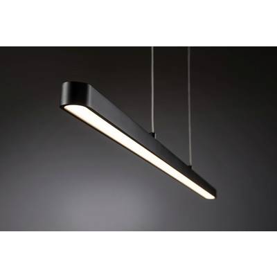 Suspension moderne de forme rectangulaire au design minimaliste et à finition noire, suspendue devant un fond gris. Elle brille intensément.