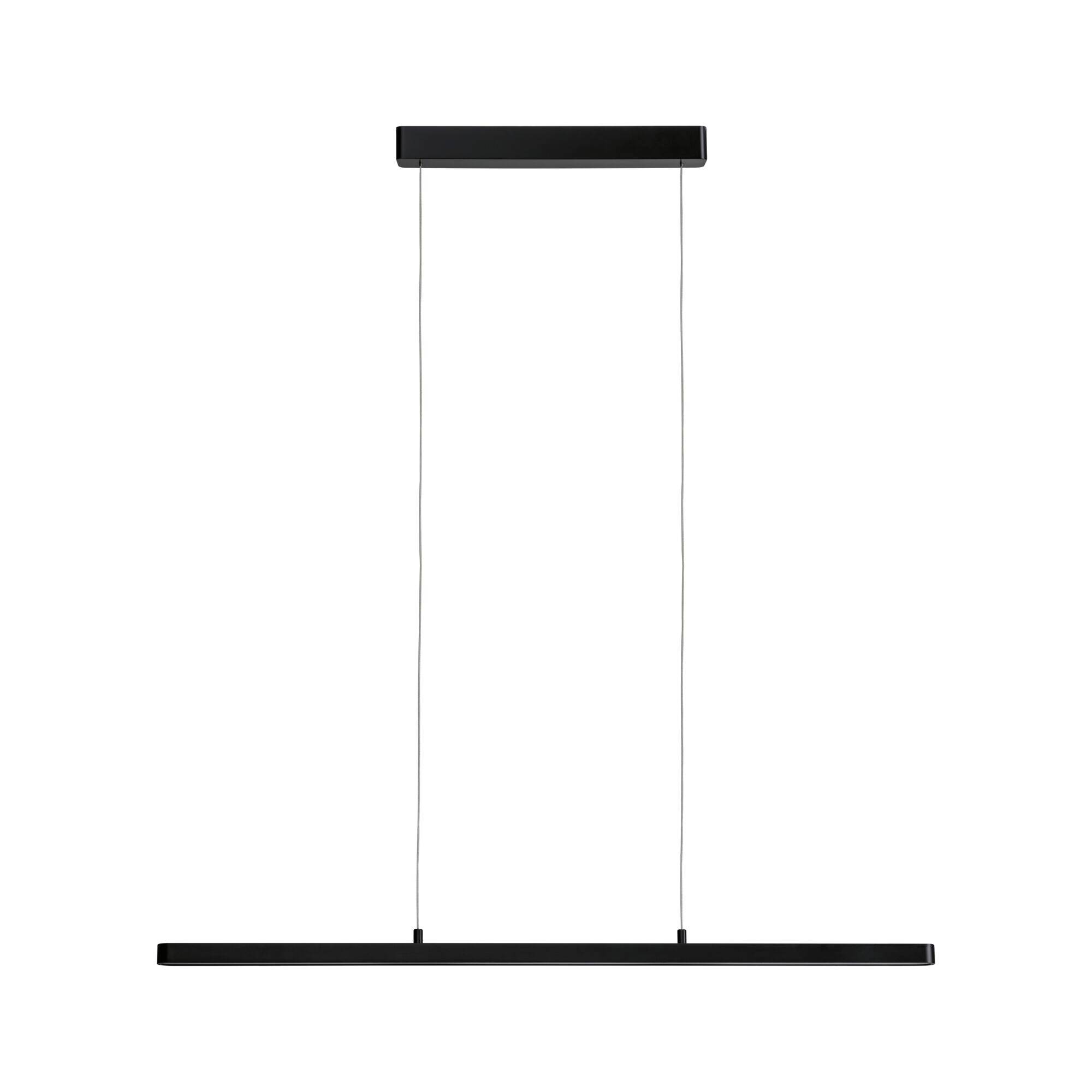 Lampe suspendue moderne noire avec cadre rectangulaire et deux câbles fins pour l'accrocher au plafond.