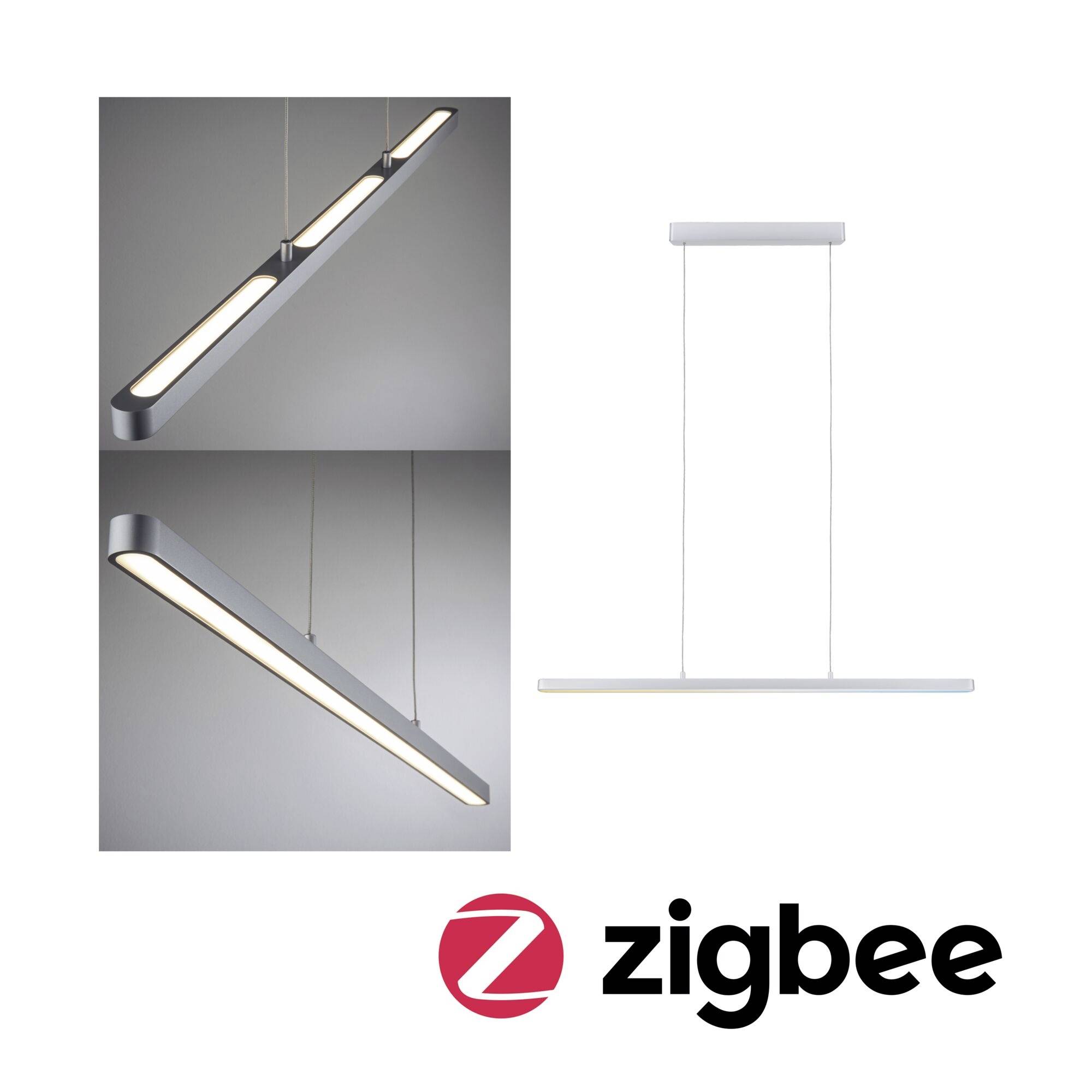 Suspension LED moderne, orientée horizontalement, au design argenté au profil élancé. Logo Zigbee en bas à droite.