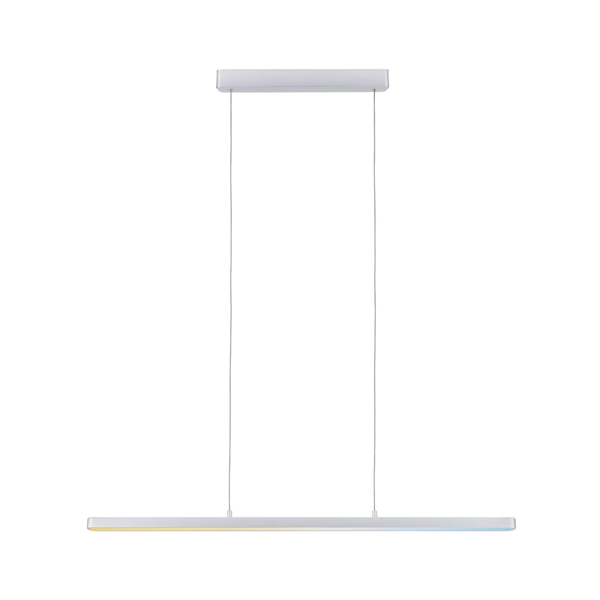 Un luminaire suspendu minimaliste blanc avec deux câbles fins soutenant un panneau lumineux étroit et rectangulaire.