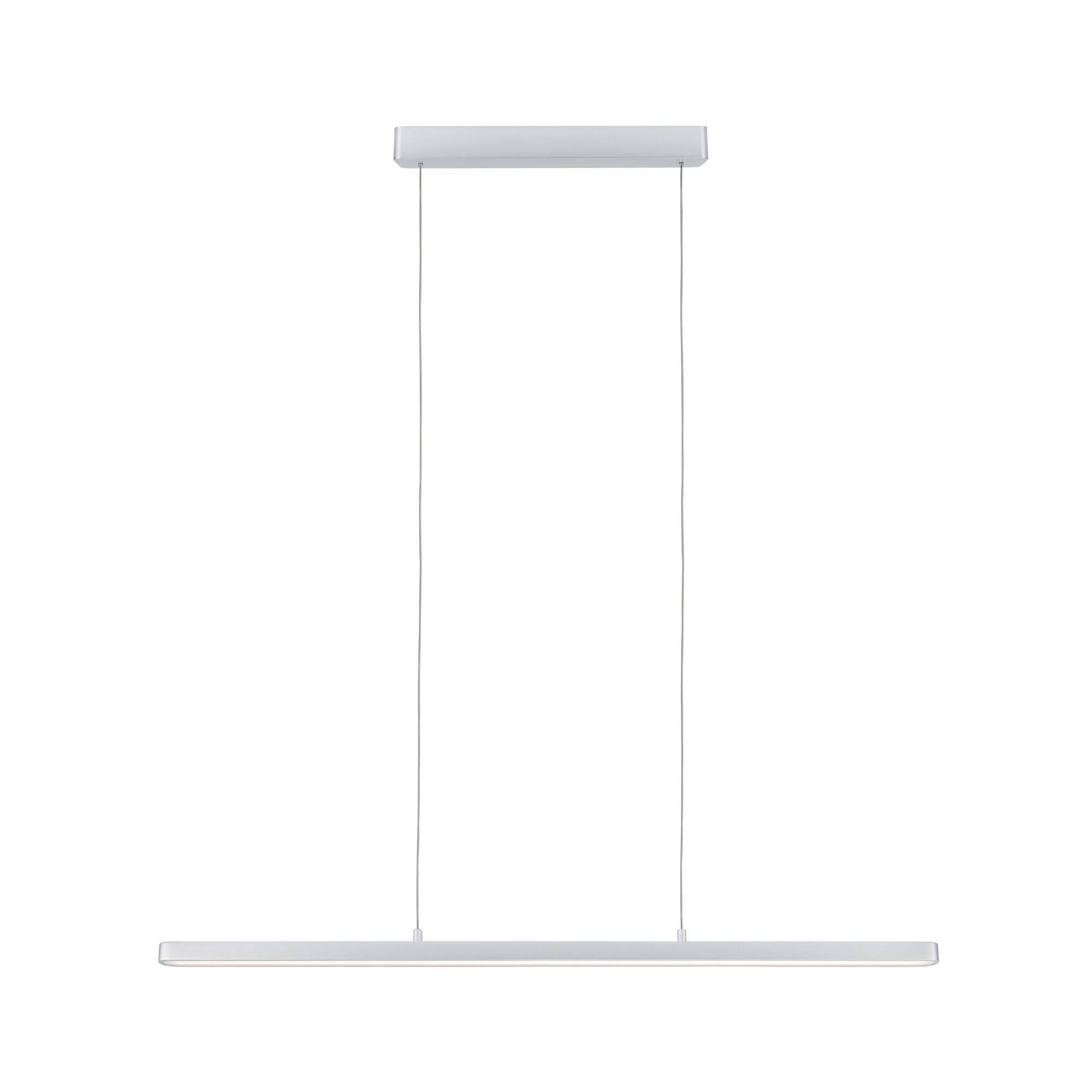 Une lampe suspendue moderne et minimaliste au design étroit et rectangulaire en blanc, fixée par deux câbles fins. Idéale pour les espaces repas.