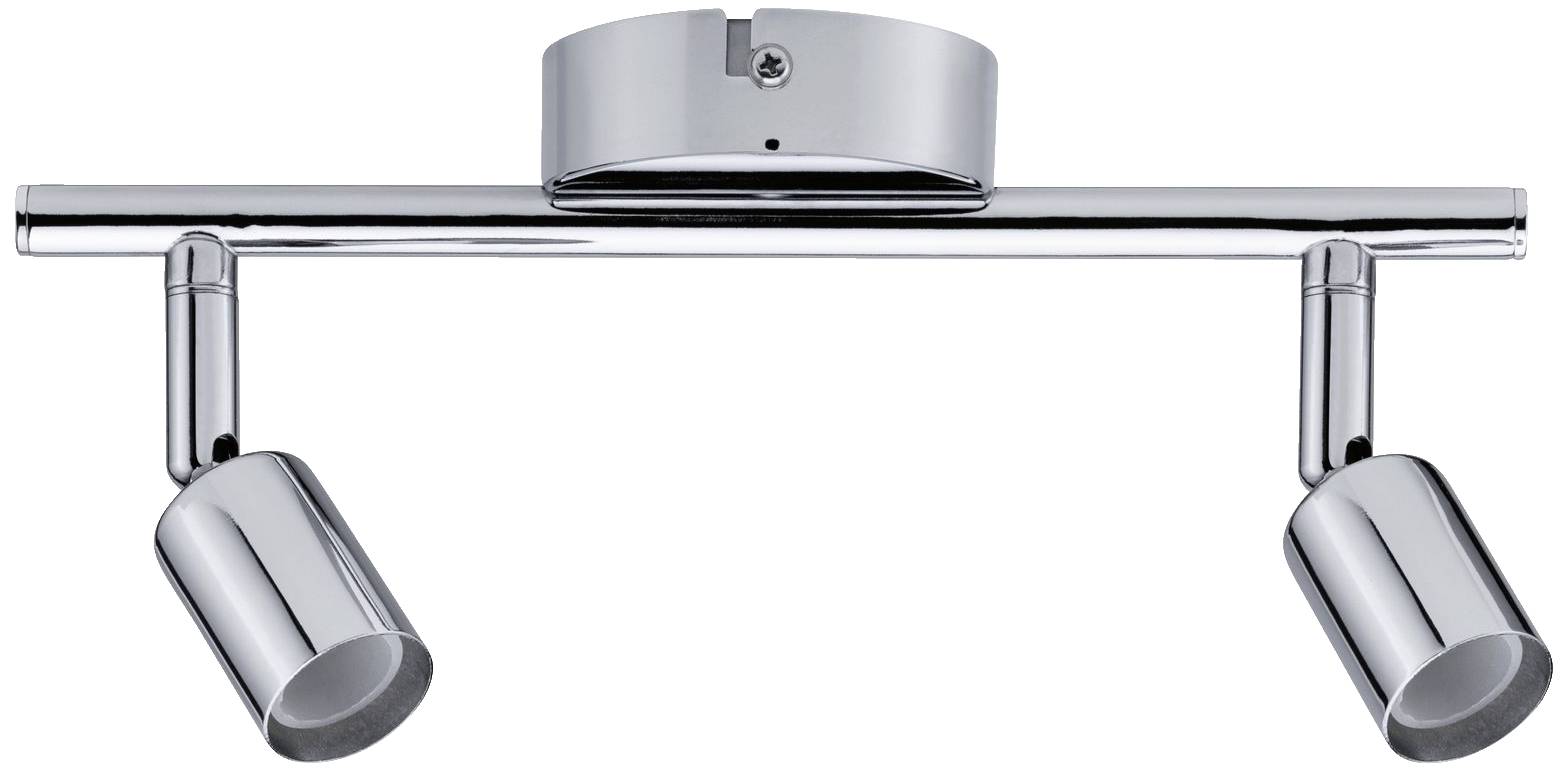 Applique plafonnier chromé avec deux spots lumineux orientables fixés sur une barre horizontale, montée sur un socle circulaire.