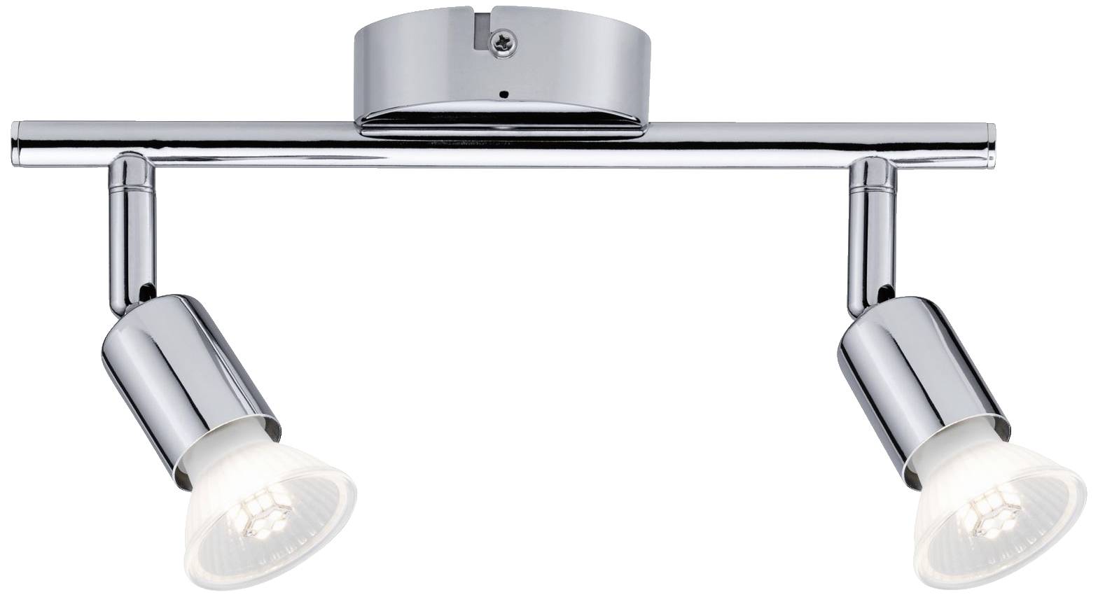 Plafonnier moderne à deux lampes en métal argenté, avec des têtes de lampe orientables permettant un éclairage directionnel précis.