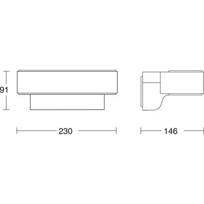 Dessin technique d'un objet rectangulaire avec les dimensions suivantes : 230 mm de longueur, 91 mm de hauteur, 146 mm de profondeur. Vue de côté et vue de face.