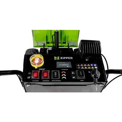 Panneau de commande du verticuteur électrique Zipper avec interrupteurs, bouton rotatif, affichage LED et caractéristiques de sécurité.
