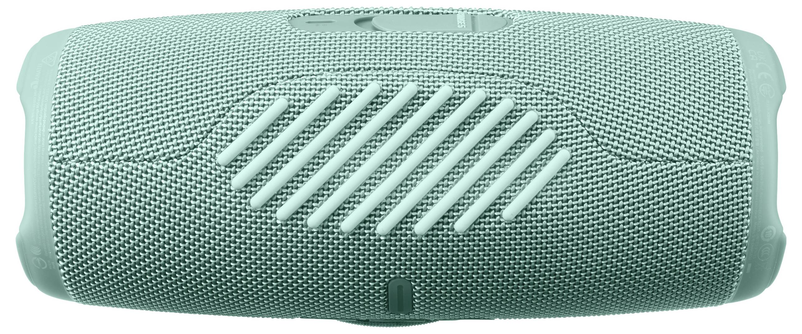 Un haut-parleur Bluetooth portable avec une housse en tissu vert, un design à grille sur les côtés et des embouts de protection aux extrémités. Parfait pour les déplacements.