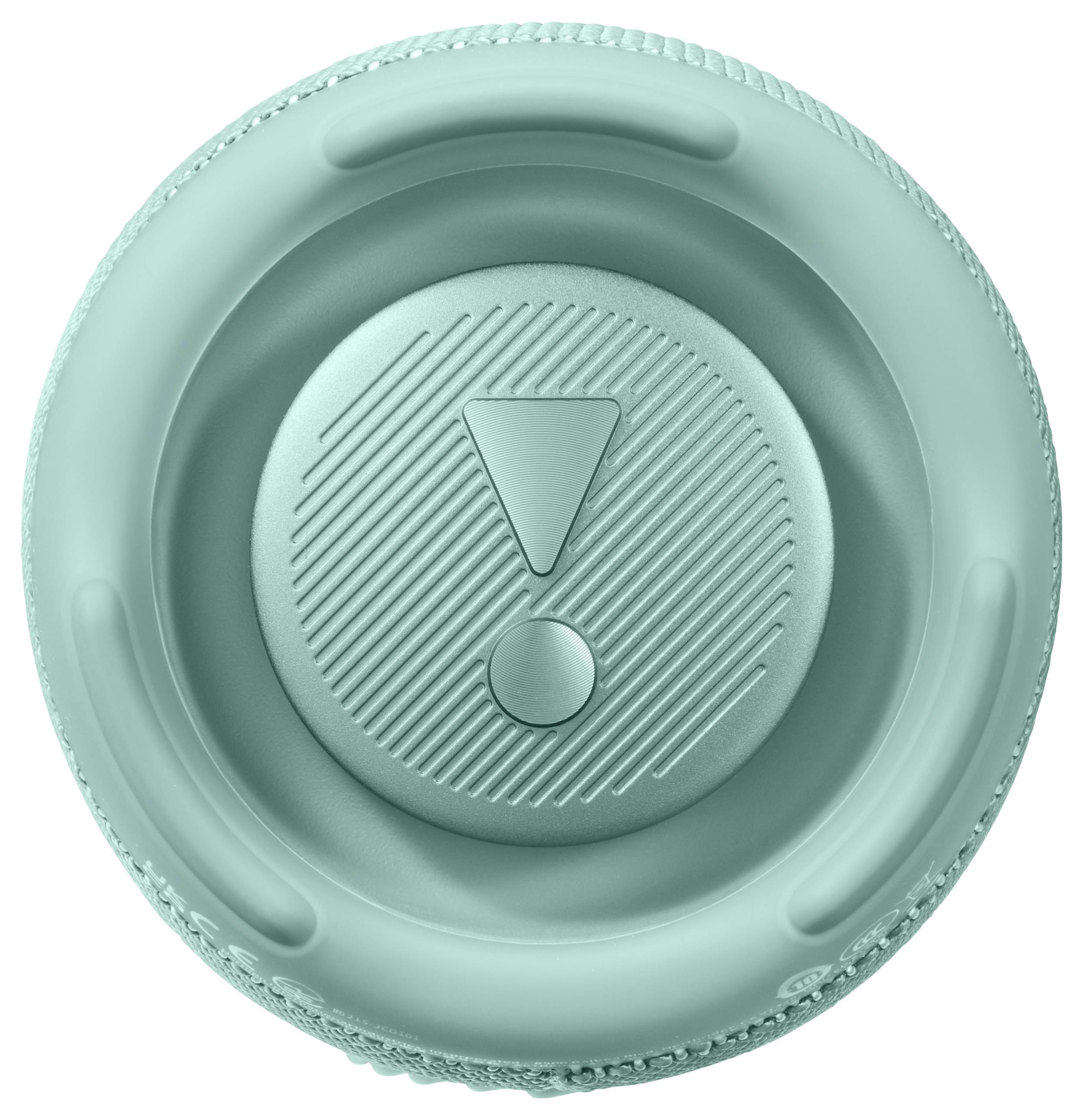 Couvercle de bouteille vert vu du dessus avec un point d'exclamation au centre.