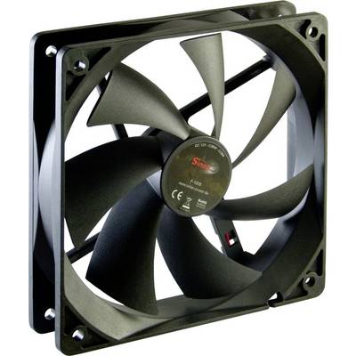 Un ventilateur d'ordinateur noir avec six pales de rotor courbées, monté dans un cadre rectangulaire.