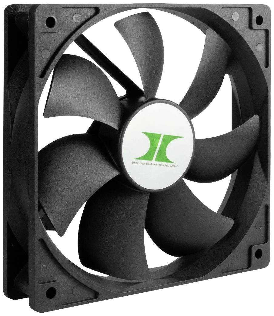 Un ventilateur d'ordinateur noir à cinq pales. Le centre arbore un logo vert. Le ventilateur est destiné au refroidissement des appareils électroniques.