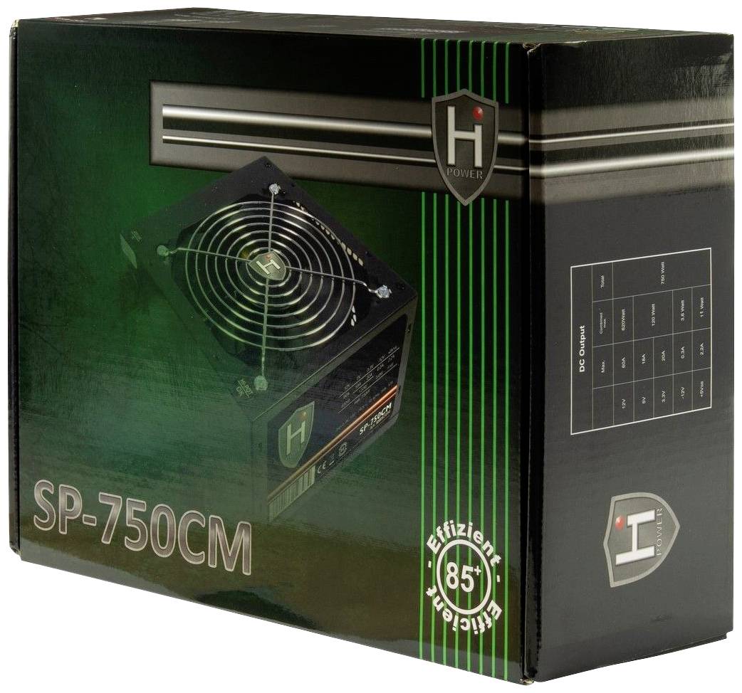 Emballage d'un bloc d'alimentation portant l'inscription 'SP-750CM', présentant un modèle avec grille de ventilation. Étiquette 'Efficacité 85%' et logo de la marque.