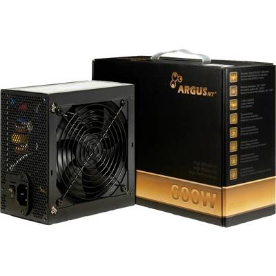 Un bloc d'alimentation noir pour ordinateur avec ventilateur et connexions de câbles est placé devant un emballage noir portant l'inscription 'ARGUS 600W'.