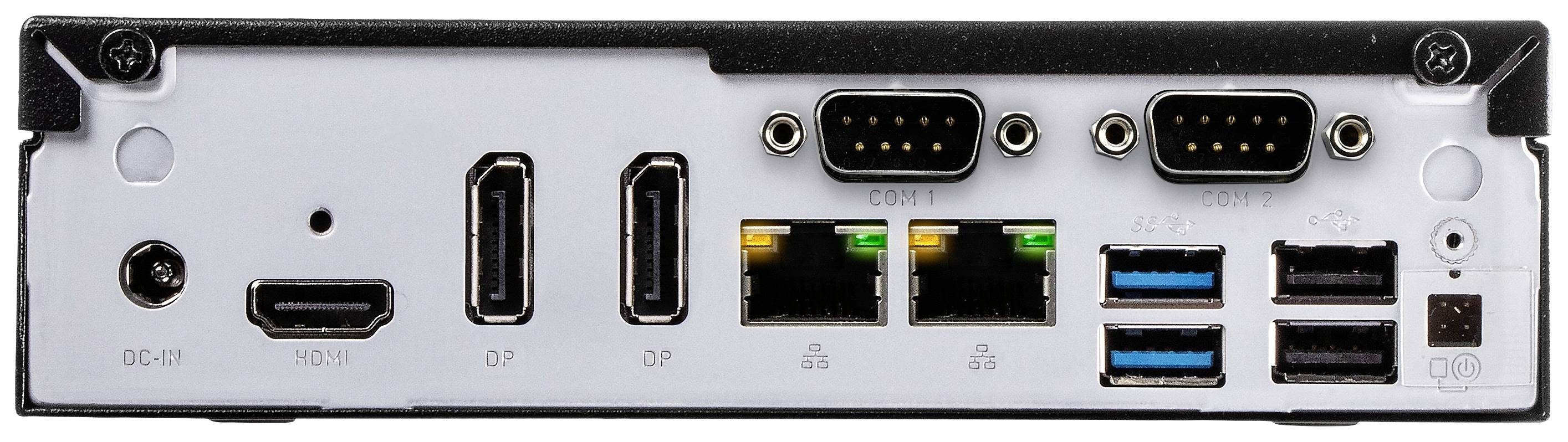 Vue arrière d'un boîtier d'ordinateur avec différents ports : HDMI, DisplayPort, ports série, Ethernet et ports USB.
