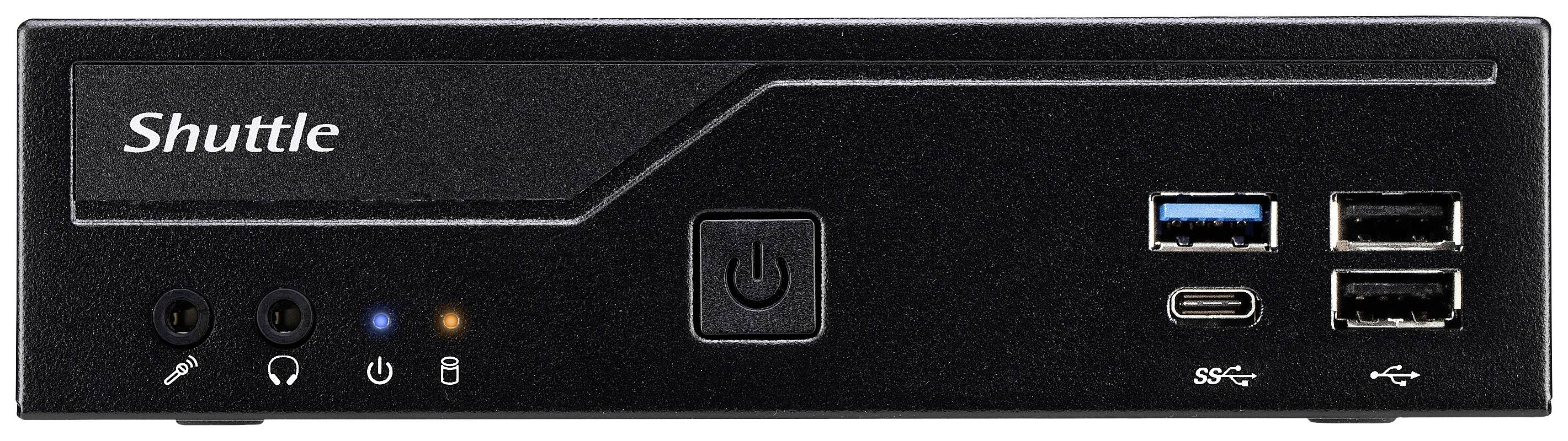 Un mini-PC noir avec le logo "Shuttle" présente un bouton d'alimentation, des ports USB et des connexions audio sur sa façade.