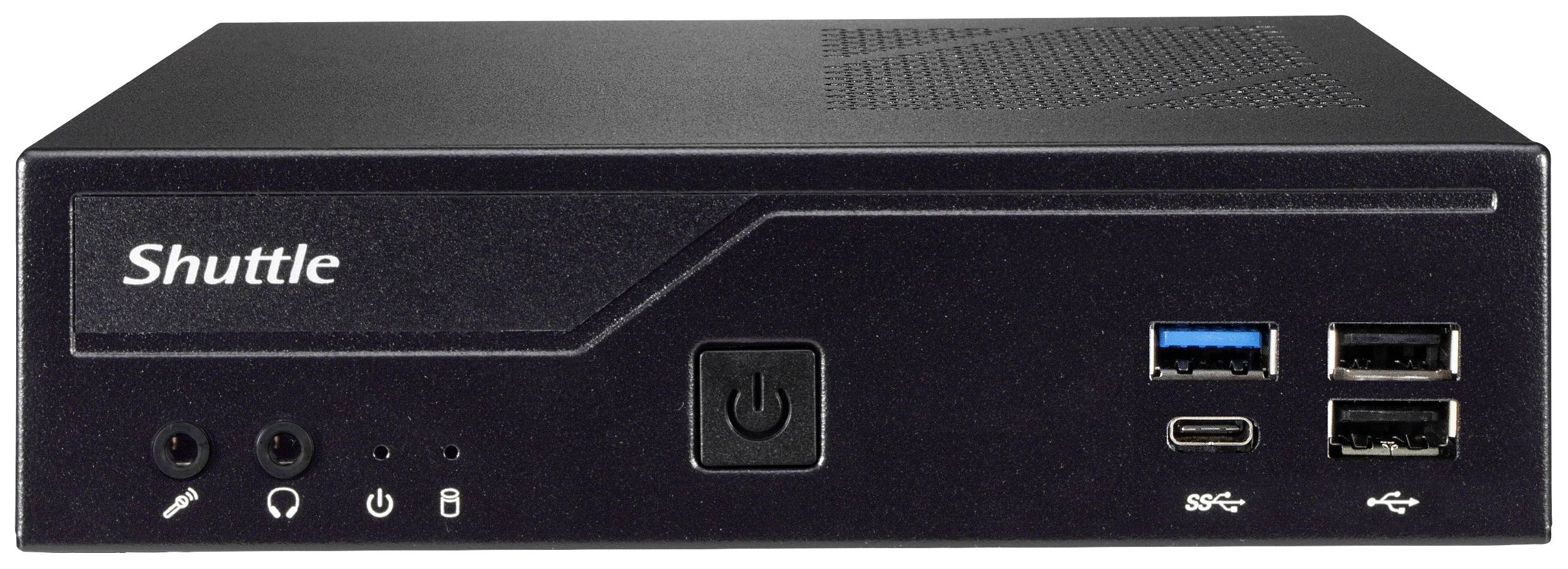 Un mini-PC compact noir portant l'inscription 'Shuttle', avec des ports frontaux pour l'audio et l'USB, ainsi qu'un bouton d'alimentation.