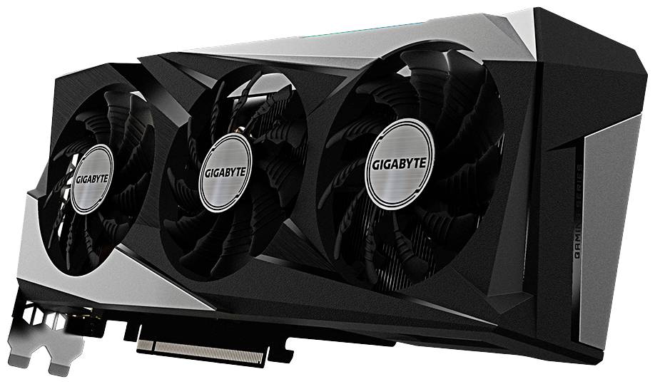 Une carte graphique avec trois ventilateurs, un boîtier noir et des éléments brillants, conçue pour améliorer l'efficacité énergétique et les performances.