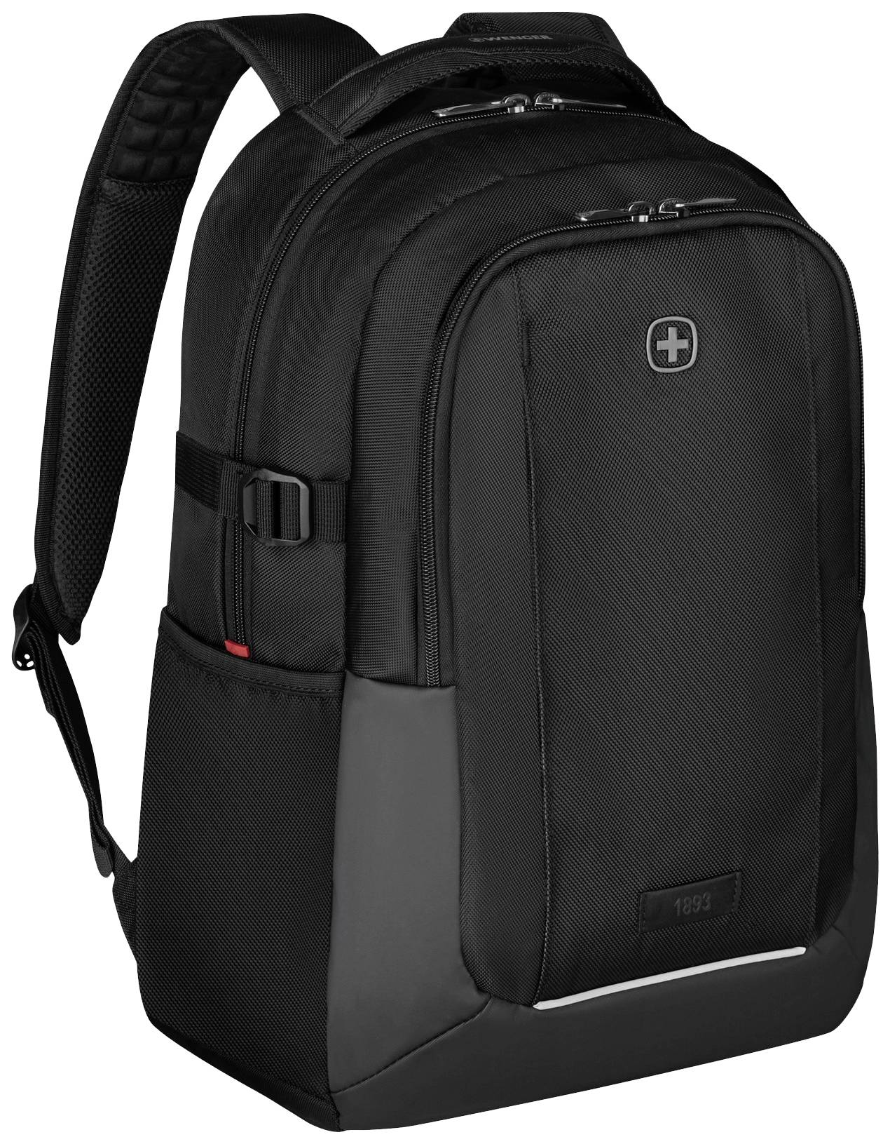 Sac à dos noir avec sangles d'épaules réglables et plusieurs compartiments à fermeture éclair, adapté pour un usage quotidien et les voyages.