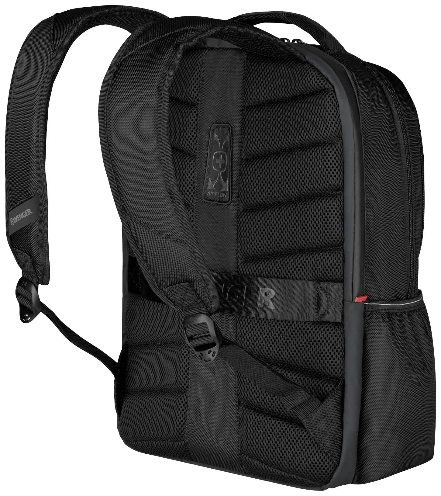 Sac à dos noir avec sangles d'épaule rembourrées et dos matelassé, poche latérale. Idéal pour le quotidien ou les voyages.