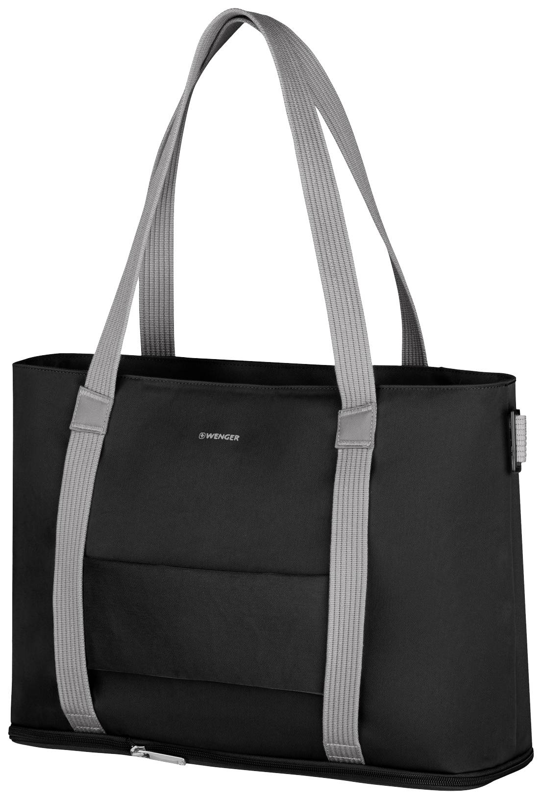 Sac de transport noir avec des sangles grises, design épuré, logo WENGER sur l'avant, adapté à un usage quotidien.