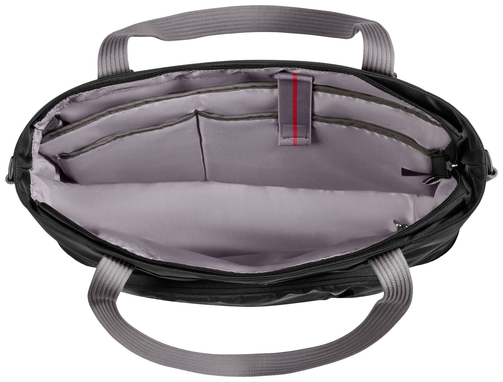 Un sac à main noir avec des poignées grises, ouvert, révèle plusieurs compartiments intérieurs et un détail rouge à l'intérieur.