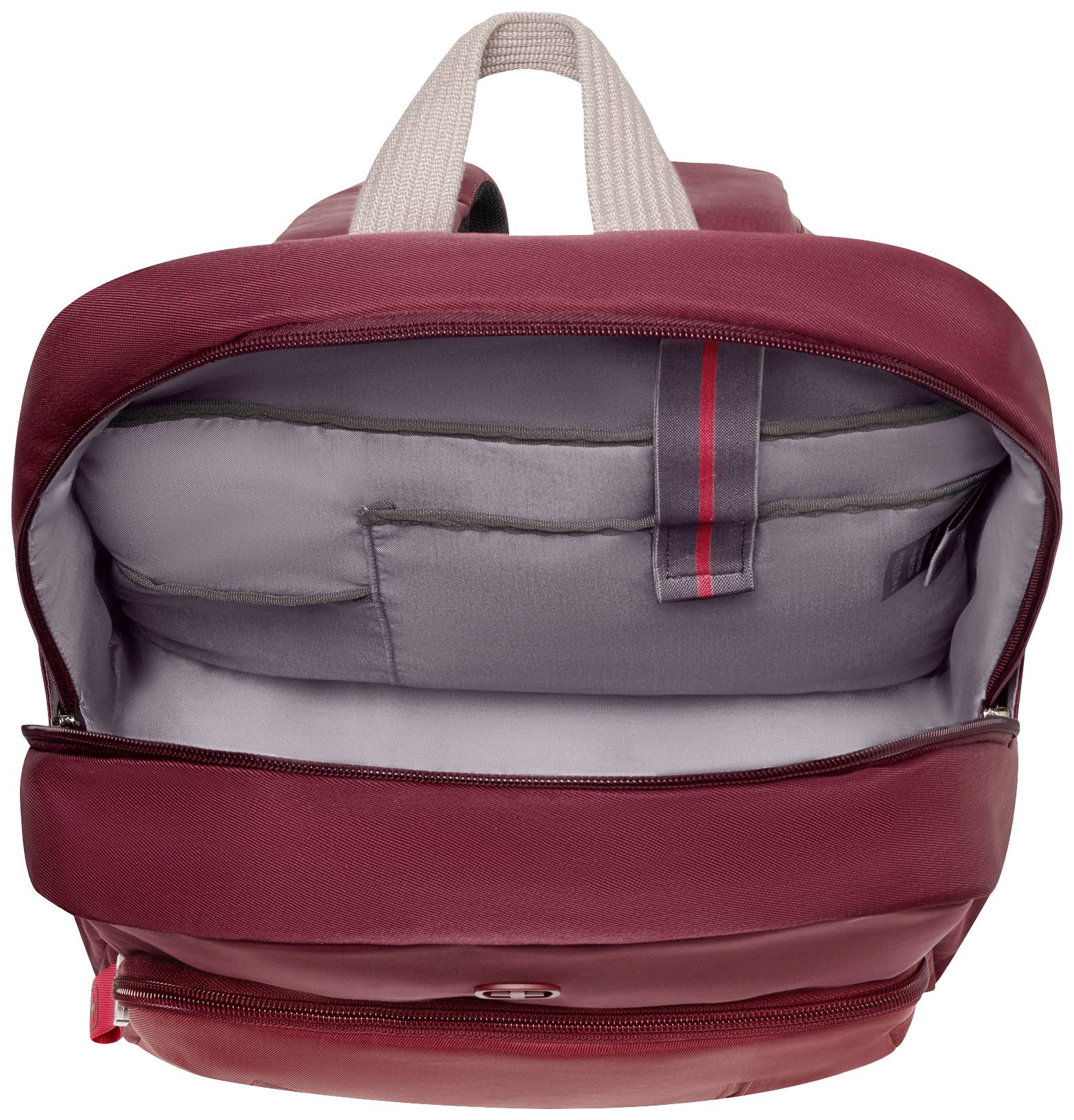 Sac à dos rouge avec compartiment principal ouvert et doublure intérieure grise, montrant plusieurs poches et une bande élastique réglable.