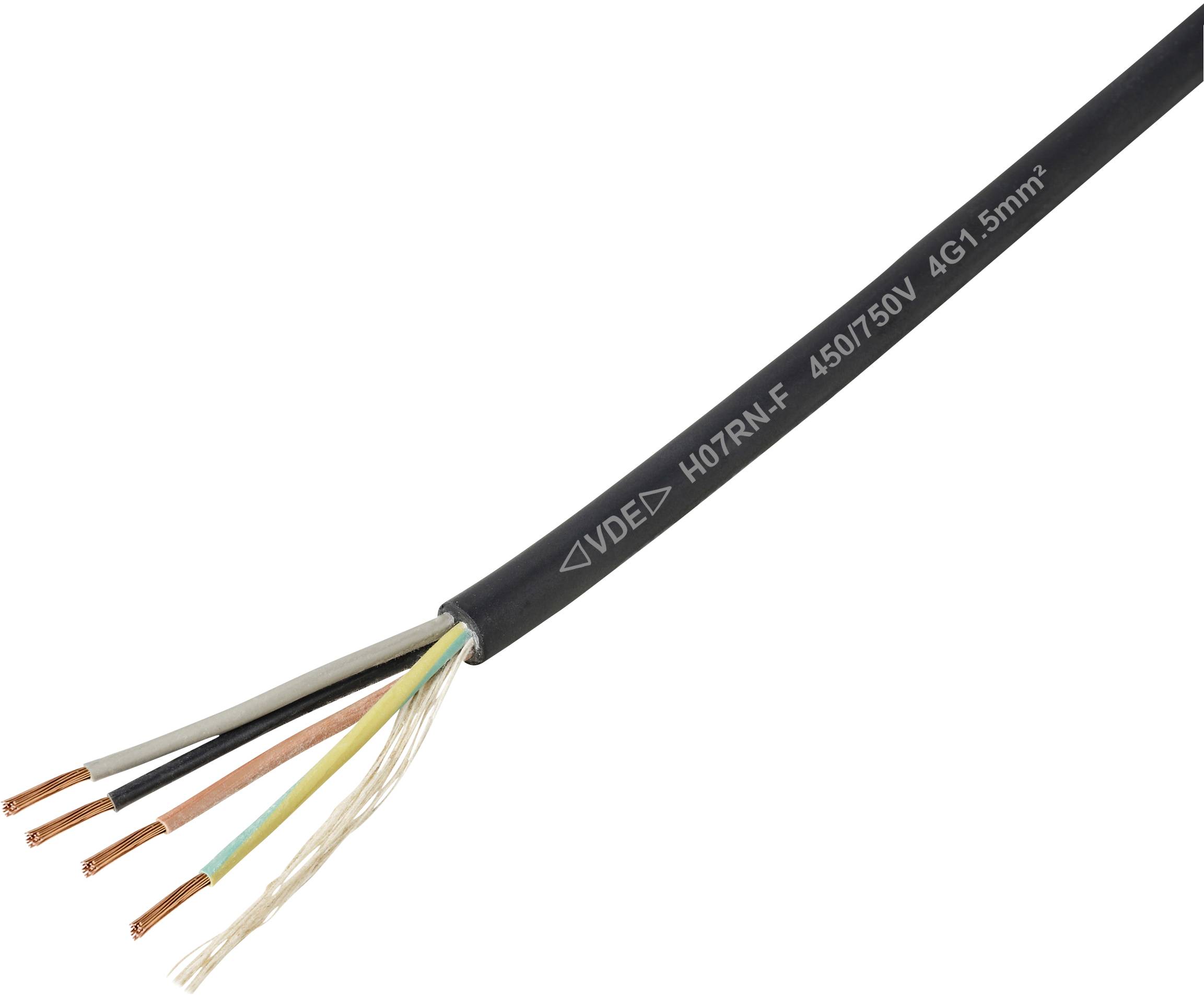 Un câble électrique noir avec plusieurs fils de cuivre exposés à l'extrémité, marqué « H07RN-F 450/750V 4G1.5mm² », utilisé pour les connexions électriques.