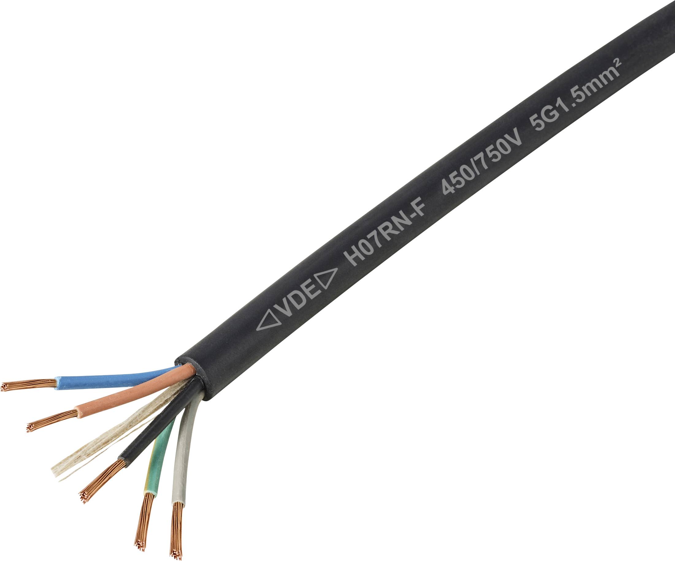 Un câble noir avec plusieurs fils exposés de couleurs : marron, bleu, vert/jaune, noir et gris. Texte indiquant : VDE H07RN-F 450/750V 5G1.5mm².