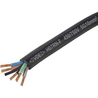 Un câble électrique noir avec des fils de cuivre dénudés à une extrémité, étiqueté '450/750V 5G10mm²', adapté à une utilisation industrielle.