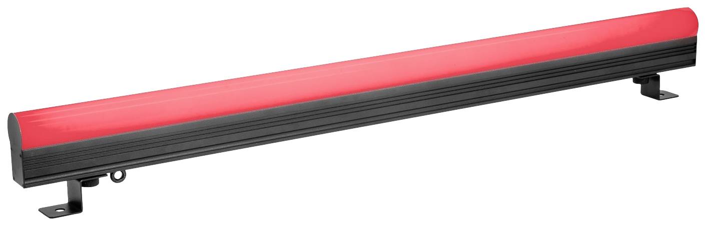 Une longue barre lumineuse à LED avec un boîtier rouge et un socle noir, montable sur différentes surfaces.