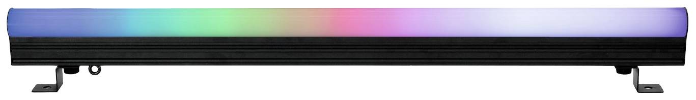 Un bandeau lumineux LED avec un éclairage multicolore, s'illuminant de gauche à droite en bleu, vert, rouge et violet, reposant sur un socle noir.