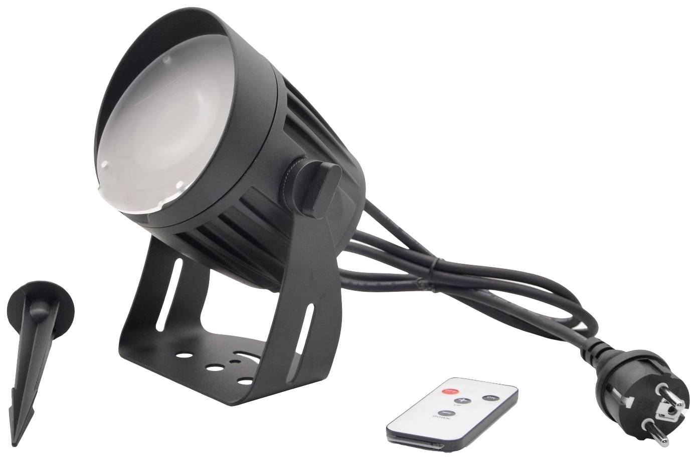 'Projecteur LED noir avec piquet de terre et télécommande.'