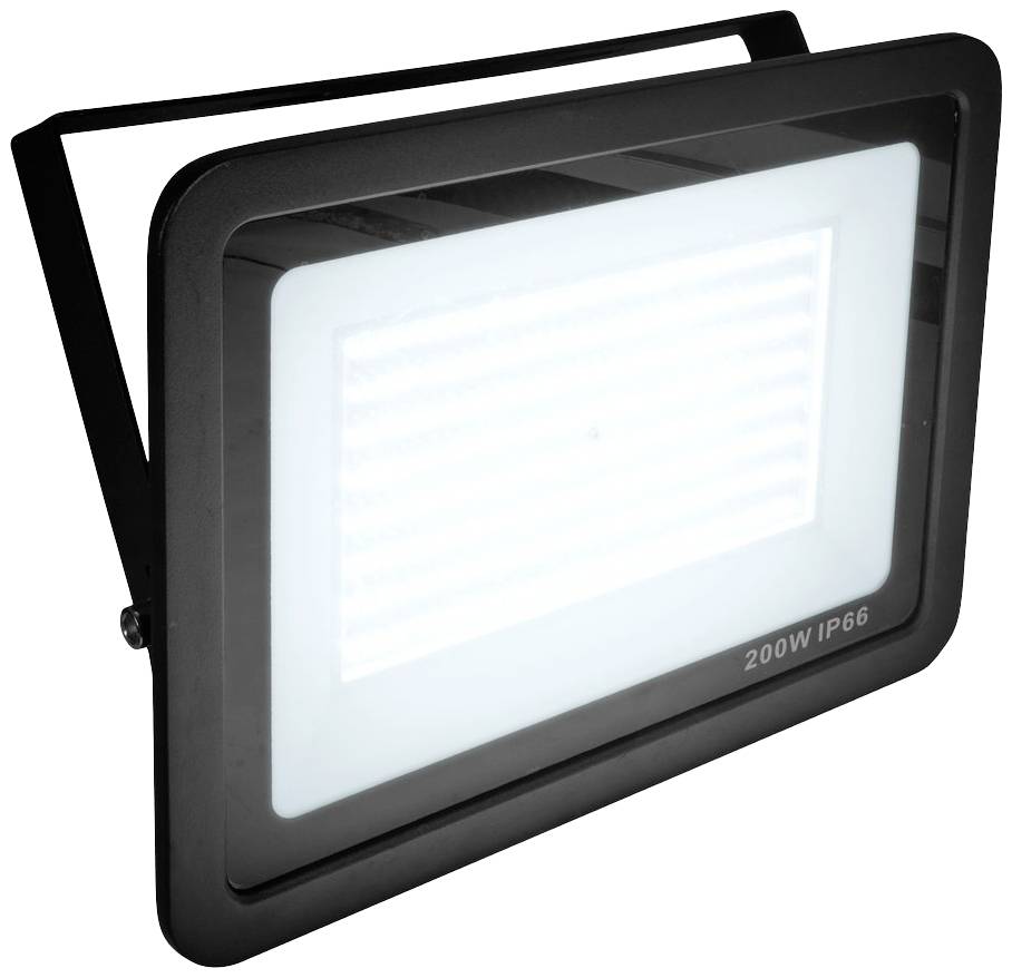 Projecteur LED noir avec un panneau rectangulaire lumineux au centre, monté sur un support. Marquage '200W IP66' sur la face avant.