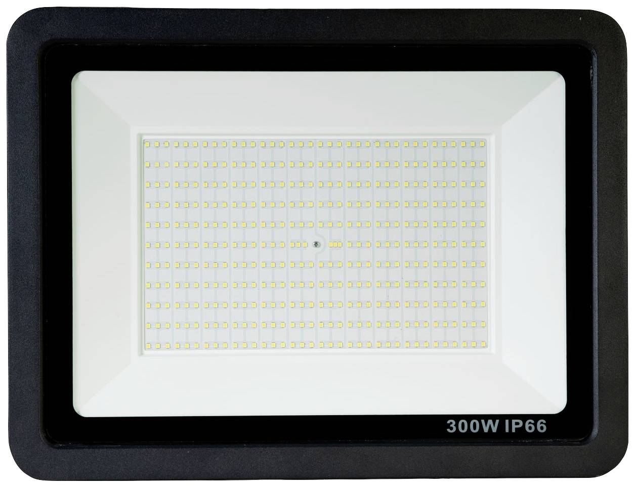 Un projecteur LED rectangulaire avec un cadre noir, de nombreuses petites LED et l'inscription '300W IP66' dans le coin. Adapté à une utilisation en extérieur.