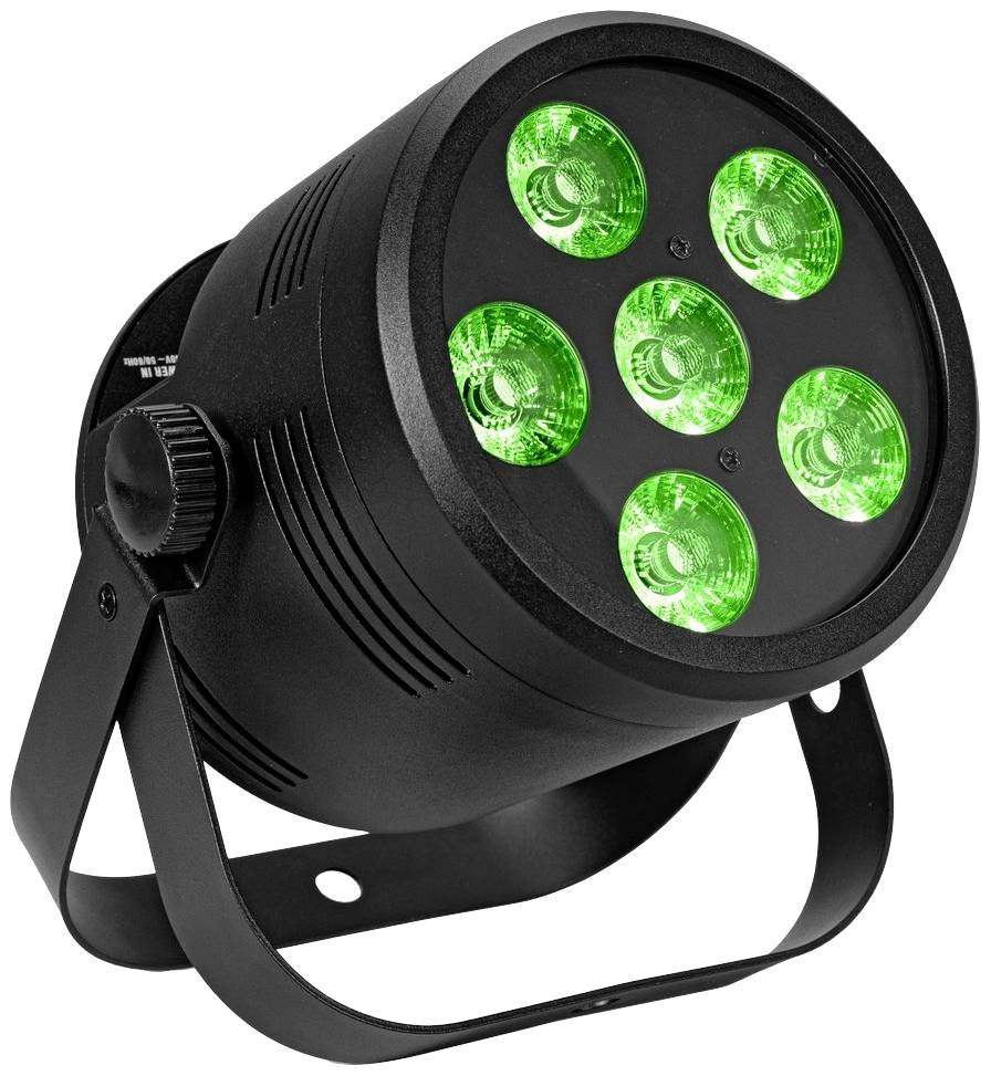 Projecteur LED noir avec cinq lumières vertes, monté sur un support réglable, adapté pour l'éclairage de scène ou d'événements.