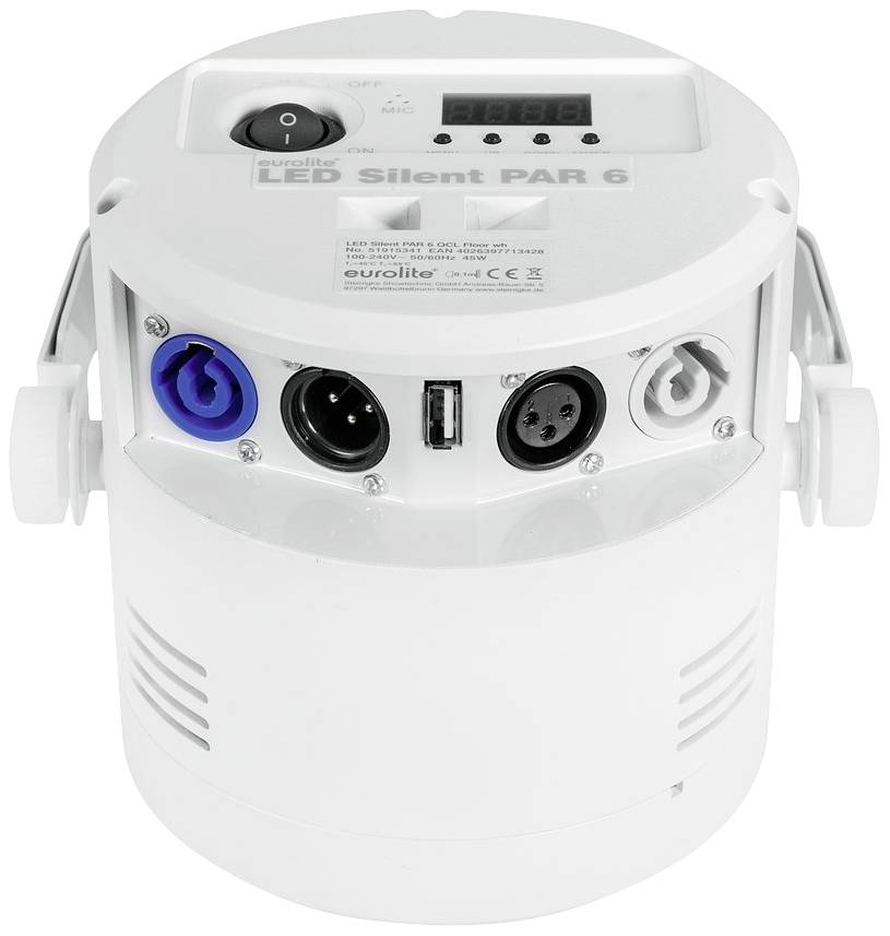Projecteur LED blanc avec plusieurs connexions sur la façade, adapté pour l'éclairage de scène ou d'événements.