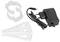 Un chargeur noir avec un câble, deux supports blancs et deux pièces en plastique blanc avec des trous, probablement des éléments d'un ensemble.