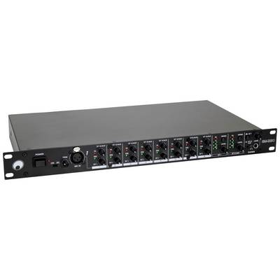 Un mixeur audio de 19 pouces à huit canaux. Chaque canal dispose de potentiomètres et de LED d'indication de niveau. L'interrupteur principal se trouve à gauche.