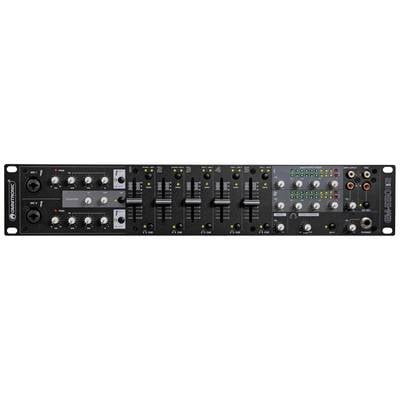 Un mixeur DJ noir avec plusieurs canaux, potentiomètres rotatifs, faders et affichages LED.
