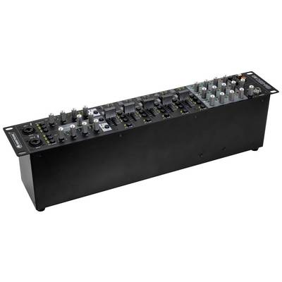 Console de mixage audio avec plusieurs faders, boutons rotatifs et entrées/sorties, utilisée pour contrôler et ajuster les canaux audio.