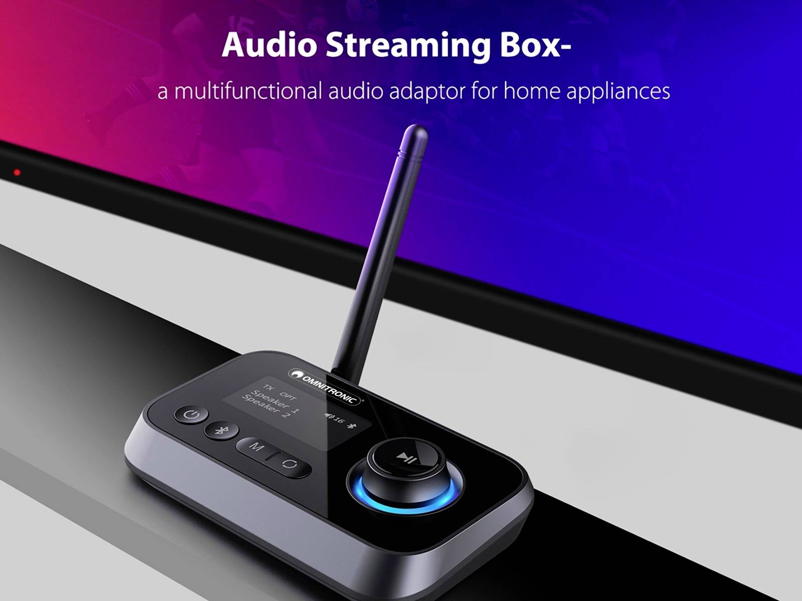 Boîte de streaming audio sur un écran. Un adaptateur audio multifonctionnel pour appareils domestiques est présenté.